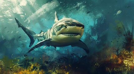Fototapeta premium artistic cinematic portrait of bull shark in natural habitat celebrating marine wildlife biology and biodiversity digital painting