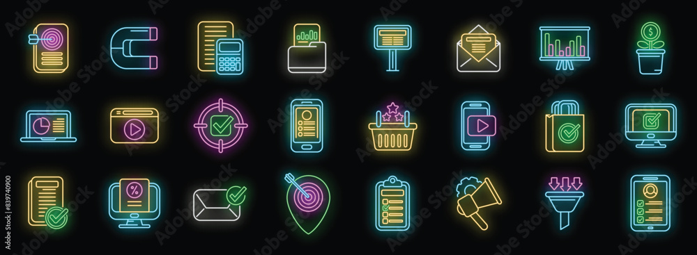 Sticker marketing filled icons set outline vector. direct sales. mail cart neon color on black