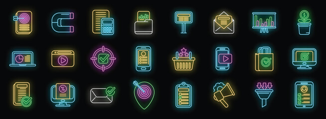 Marketing filled icons set outline vector. Direct sales. Mail cart neon color on black