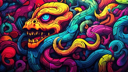 A psychedelic pattern of snakes in neon colors and abstract shapes  
