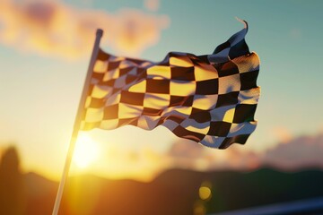 Sun flare shines on waving checkered flag