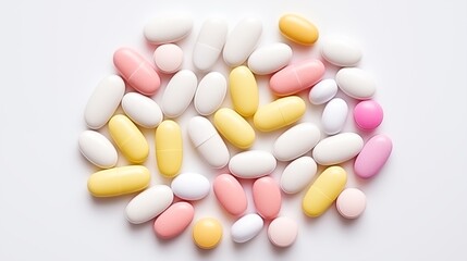 Collection of multicolor pills.  Flat lay of colorful pills and capsules folded into a pettern on white background. Pharmaceutical medical concept