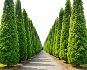 The symmetrical path, flanked by tall, lush green arborvitae on both sides, creates the striking effect of a natural tunnel under a clear sky. transparent background