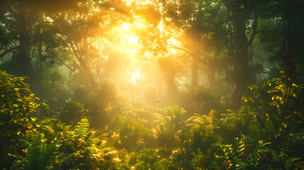 Obraz premium An ultra HD view of a nature thicket at sunrise, the light casting long shadows and creating a golden glow among the dense vegetation