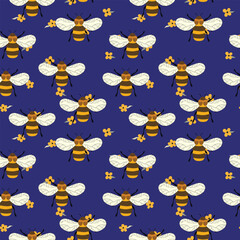 Seamless pattern with bees on color background. Small wasp. Vector illustration. Adorable cartoon character. Template design for invitation, cards, textile, fabric. Doodle style