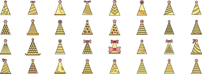 Party hats icons set outline vector. Birthday cap. Celebrate carnival thin line color flat on white