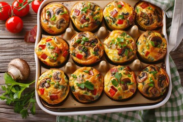Top view of baked egg muffins with vegetables cheese bacon and mushrooms in a dish on table