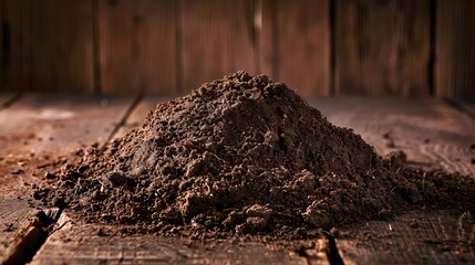 Fototapeta premium heap of rich brown soil isolated on wooden background gardening and agriculture concept