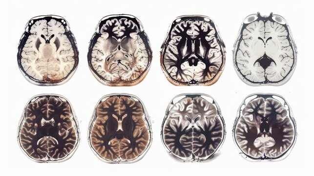 Collage of brain scans showing the progression of atrophy and damage in the brain due to cognitive decline