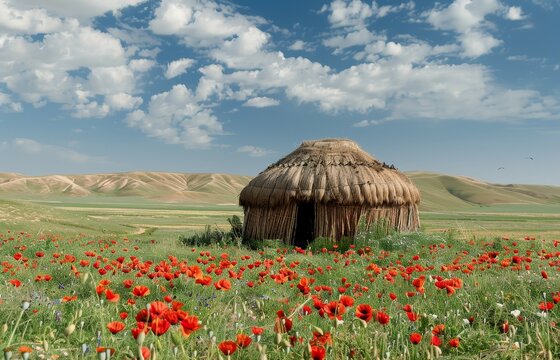 Yurt in field of poppies during Asian spring