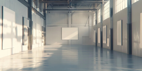 Factory Turned Exhibition Space: A factory space transformed into an exhibition space, with blank...