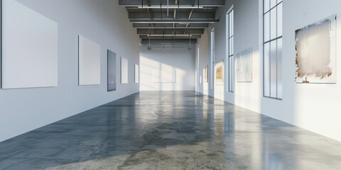 Obraz premium Factory Turned Exhibition Space: A factory space transformed into an exhibition space, with blank walls displaying art pieces created by local artists.