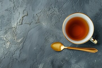 White cup of tea with gold spoon on grey background Top view with space for text