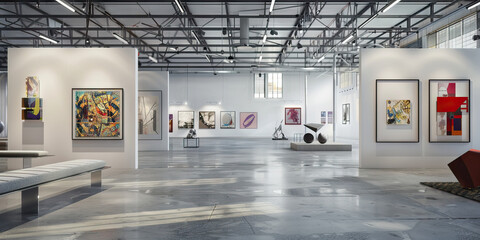 Industrial Art Gallery: A factory space converted into an art gallery, with blank walls showcasing various artworks, sculptures, and installations. 