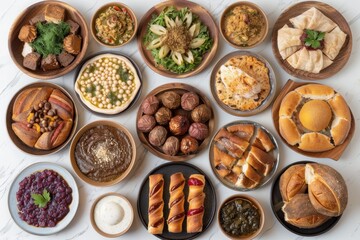 Obraz premium Diverse selection of appetizers and snacks arranged in a circular pattern, perfect for parties, gatherings, or casual events, colorful, inviting, and appetizing finger foods