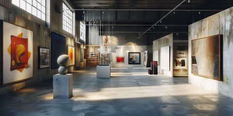Industrial Art Gallery: A factory space converted into an art gallery, with blank walls showcasing various artworks, sculptures, and installations. 