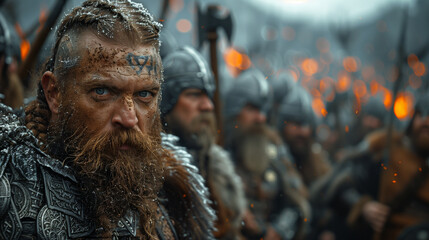 armored dwarven warriors with battle axes, fiery battlefield, medieval fantasy warfare