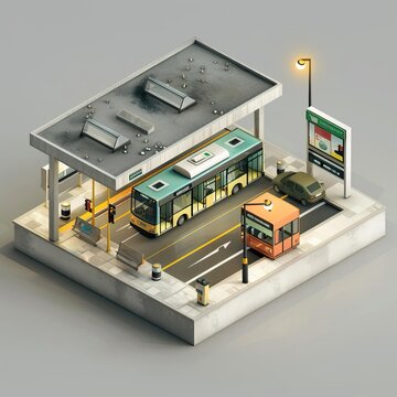 Isometric illustration of a city bus station with a bus, car, and waiting area in a minimalist style.
