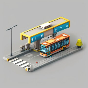 Isometric illustration of a bus stop. Features a bus and a modern shelter with signage. Ideal for urban transport and city infrastructure visuals.
