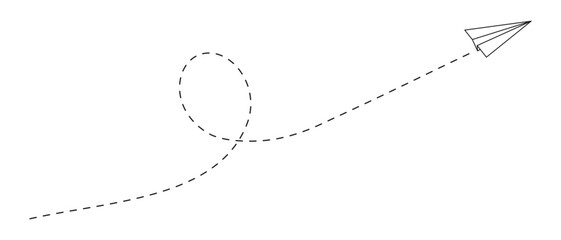Paper origami plane with dashed path line and loop. Trip, vacation or travel concept. Online message or letter symbol. Delivery or destination, freedom or creativity sign. Vector outline illustration.