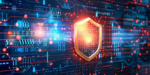 Obraz premium 3D illustration of a digital shield with a glowing core on a high-tech circuit board. Concept of cybersecurity, data protection, and network security. 