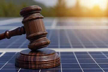 Gavel on solar panels symbolizing renewable energy laws