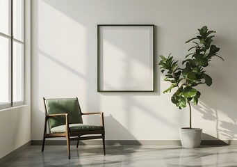 Modern Minimalist Living Room with Green Chair, Potted Plant, and Sunlight Streaming Through Windows