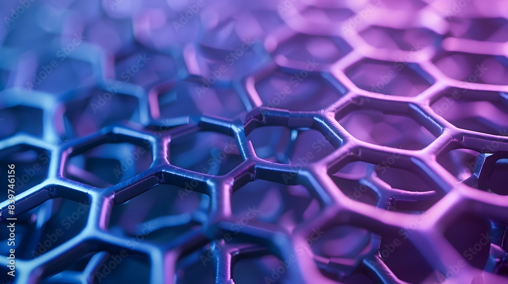 Poster carbon hexagonal honeycomb structure with neon pink and blue highlights, 3d rendering