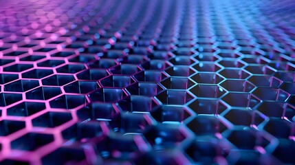 Detailed hexagonal grid with glowing pink and blue elements, futuristic design, 3D rendering