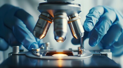 Detailed view of microscope being used by scientist with blue gloves in laboratory environment