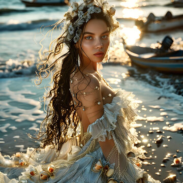 Hyper-Realistic Portrait of Iemanj&aacute;: Brazilian Sea Umbanda Goddess in Serene Beach Setting