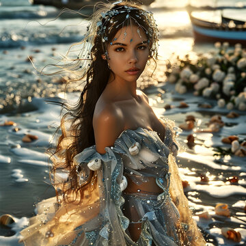 Hyper-Realistic Portrait of Iemanjá: Brazilian Sea Umbanda Goddess in Serene Beach Setting