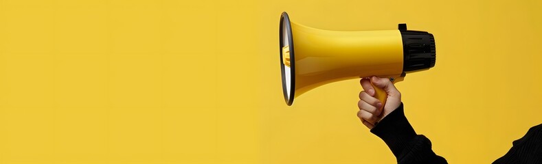 Hand Holding Yellow Megaphone Against Bright Yellow Background, Announcement and Communication...