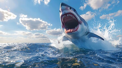 Great White Shark Leaping Out of Water with Open Jaws, Dramatic Action Shot of Predator in Natural Habitat