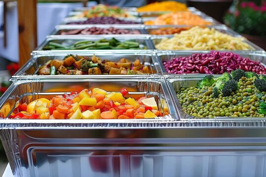 Colorful buffet with a variety of hot and cold dishes, perfect for parties, events, or gatherings, rich flavors, savory and satisfying, beautifully presented, and inviting