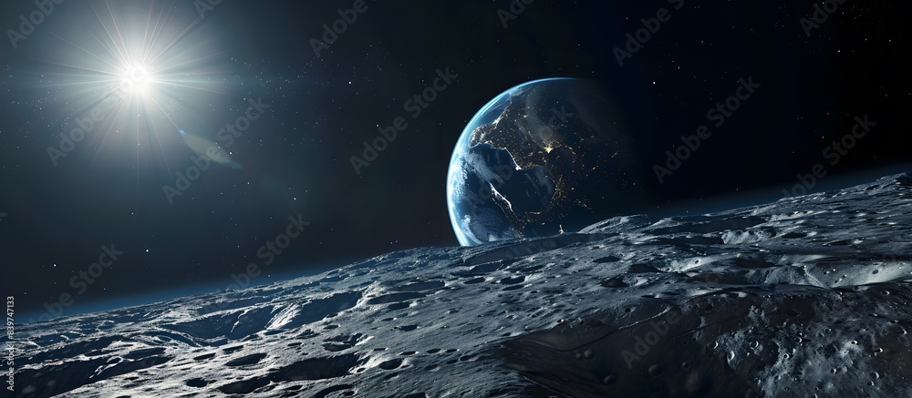 Wall mural majestic view of earth from the moon with sunlight casting a glow, featuring the moon's surface and 
