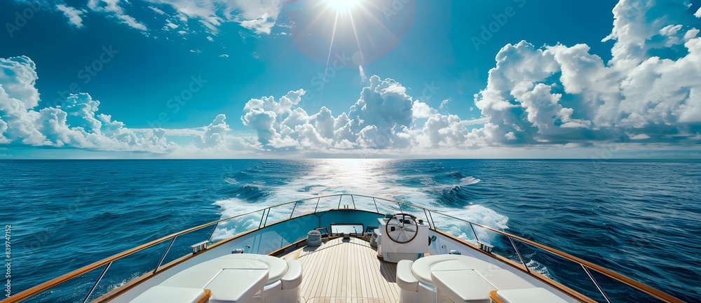 Canvas Prints front view from a yacht sailing in the middle of the ocean under a bright blue sky with fluffy white