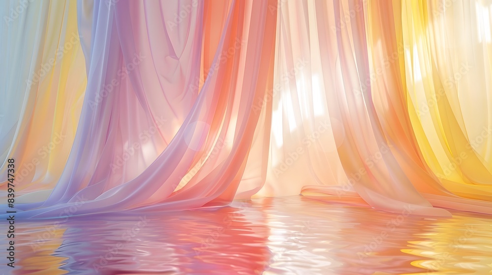 Canvas Prints flowing draped fabric in pastel colors of pink, yellow, and blue, softly illuminated with warm sunli