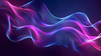 Obraz premium Electrifying abstract image showcasing fluid, wave-like neon light patterns in vibrant shades of purple and blue, set against a deep, starry background, giving a sense of motion and futuristic energy