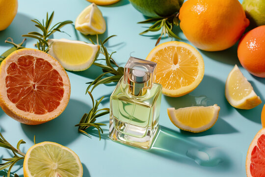 Primo piano di una boccetta di profumo aglia grumi circondata da agrumi su sfondo azzurro