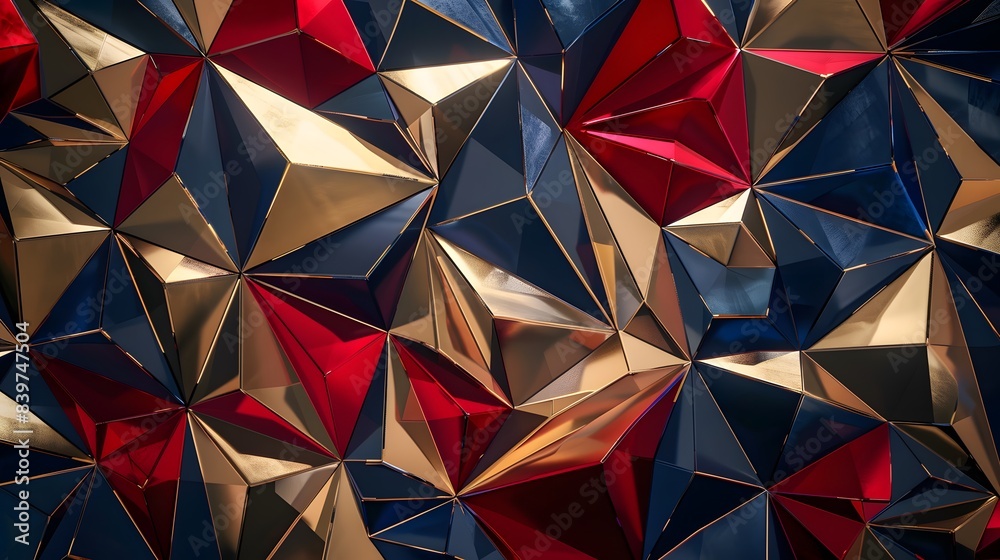Wall mural triangular shapes in red, blue, and gold abstract geometric background featuring a textured surface 