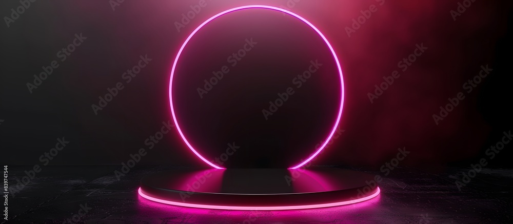Canvas Prints black circular platform with neon pink light, set against a dark smoky background with moody lightin