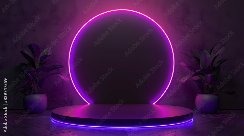 Canvas Prints black circular platform with neon purple light, positioned on a dark background with a mysterious au
