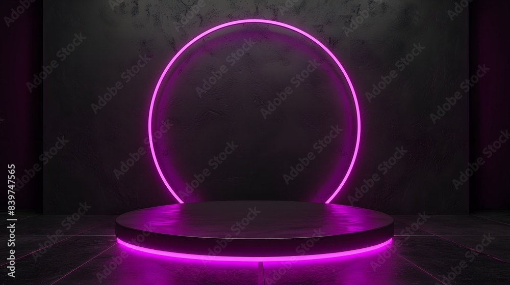 Canvas Prints black circular platform with neon purple light, positioned on a dark background with a mysterious au