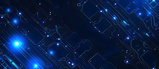 Futuristic blue neon circuit board design with glowing nodes and intricate lines, perfect for technology or digital innovation themes