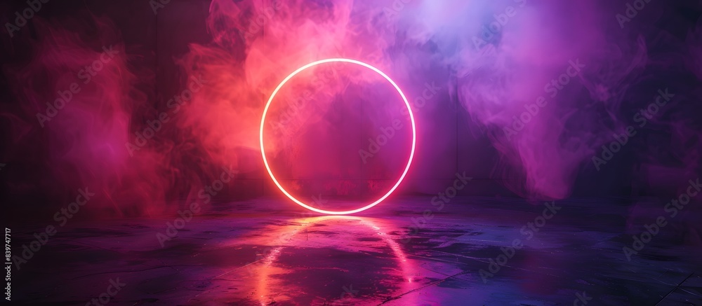 Wall mural abstract futuristic background with pink and purple glowing ring and atmospheric smoke effects