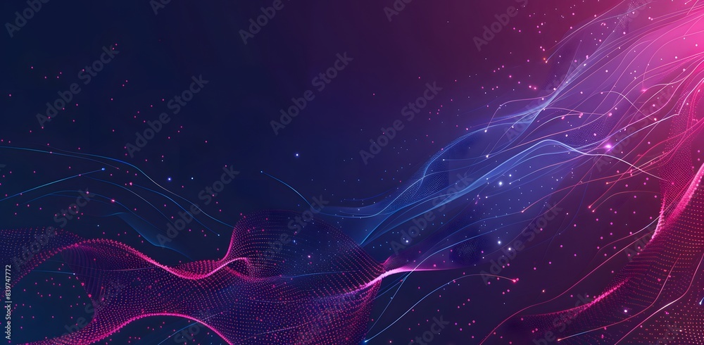 Wall mural abstract polygonal background with glowing lines, pink and blue geometric network with dots and line