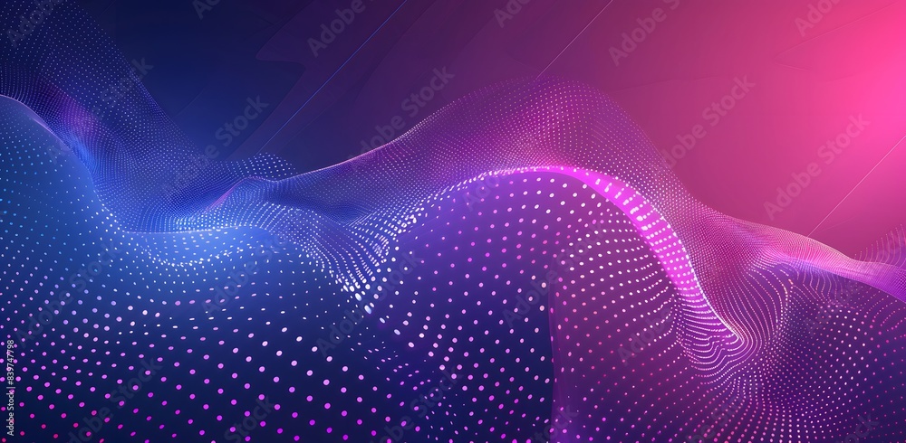 Sticker abstract waveform background with pink and blue dots, digital curved surface and gradient light