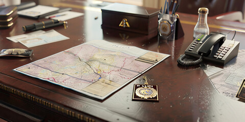 Police Chief's Desk: A large and imposing desk with a badge, police radio, and maps, set up for a police chief to command their precinct.