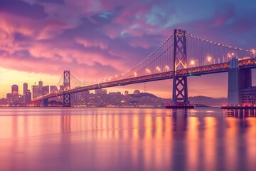 Fototapeta premium San Francisco skyline with Oakland Bay Bridge at sunset, California, USA 